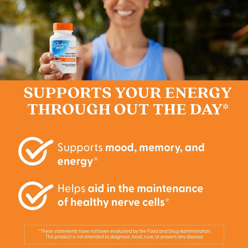 Doctor's Best Chewable Fully Active Methyl B12, Methylcobalamin, Energy, Memory, & Mood Support, Non-GMO, Gluten Free, Soy Free, Vegan 60 Tablets