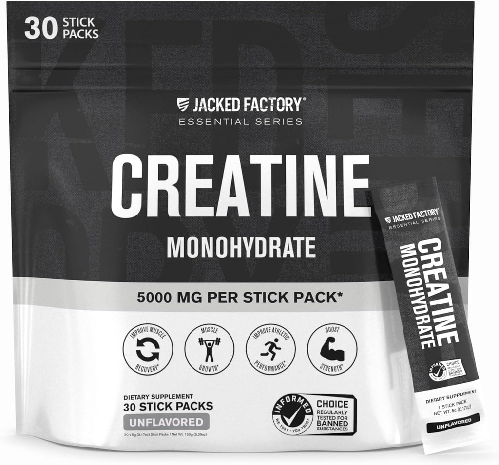 Jacked Factory Creatine Monohydrate Stick Packs 150g - 5g Daily Creatine Supplement for Men and Women, Vegan-Friendly, Third-Party Tested - 30 Servings, Unflavored