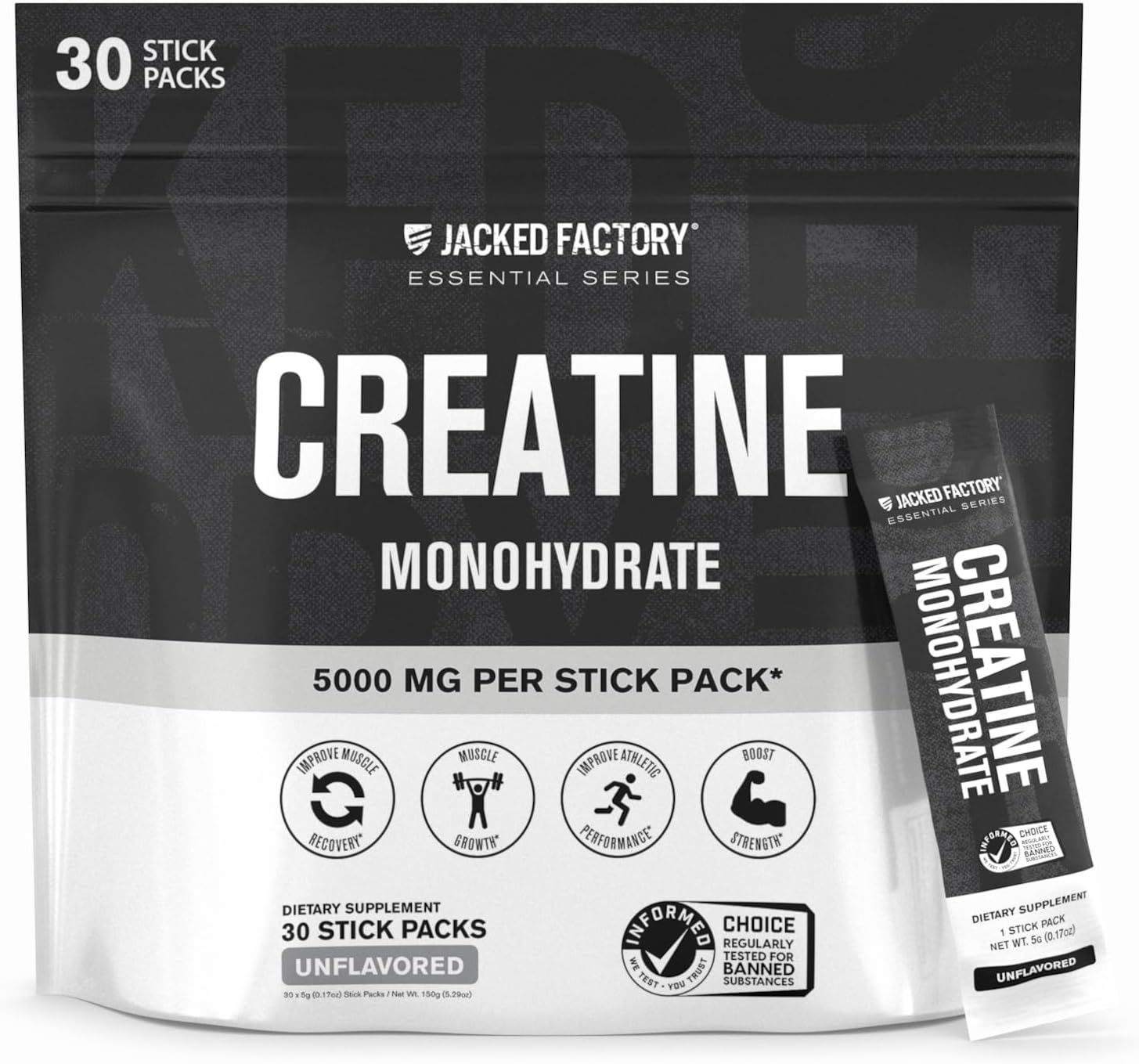 Jacked Factory Creatine Monohydrate Stick Packs 150g - 5g Daily Creatine Supplement for Men and Women, Vegan-Friendly, Third-Party Tested - 30 Servings, Unflavored