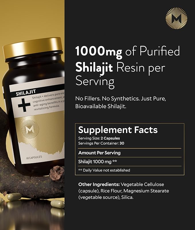 Manna Vitality Shilajit+ Capsules | 1000mg Purified Himalayan Shilajit Resin Supplement | Highest Bioavailability | Energy, Performance, Detox, Vitality, Mental Clarity & Cognitive Support | 60 Count