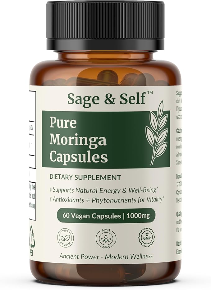 Sage & Self Pure Moringa Capsules – Moringa Leaf Powder for Natural Energy & Daily Wellness – Vegan Herbal Supplement (60 Capsules)