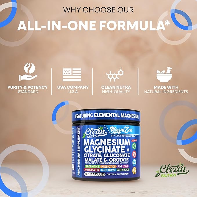 Clean Nutra Magnesium Glycinate Citrate Malate Orotate Taurate Supplement Complex + 10 Strain Probiotic Prebiotics FOS GOS Inulin Sleep Calm Support Apple Pectin – 120 Vegan Capsules