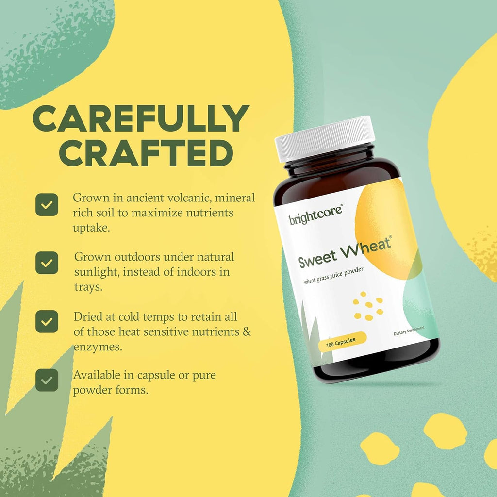Brightcore Nutrition Sweet Wheat, Ready-to-Drink Athletic Greens, Super Greens with Digestive Enzymes for Digestive Health and Immune Boost, 180 Wheatgrass Juice Powder Capsules