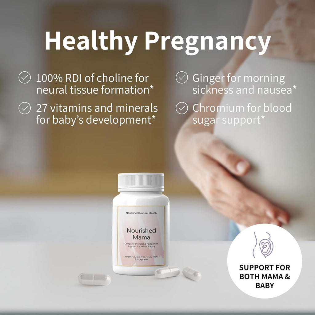 Nourished Mama Prenatal Multi Vitamin - Vegan Multivitamin for Preconception, Pregnancy, Postpartum and Breastfeeding Support - Iron-Free with Methylated Folate & High Dose Choline - 360 Capsules