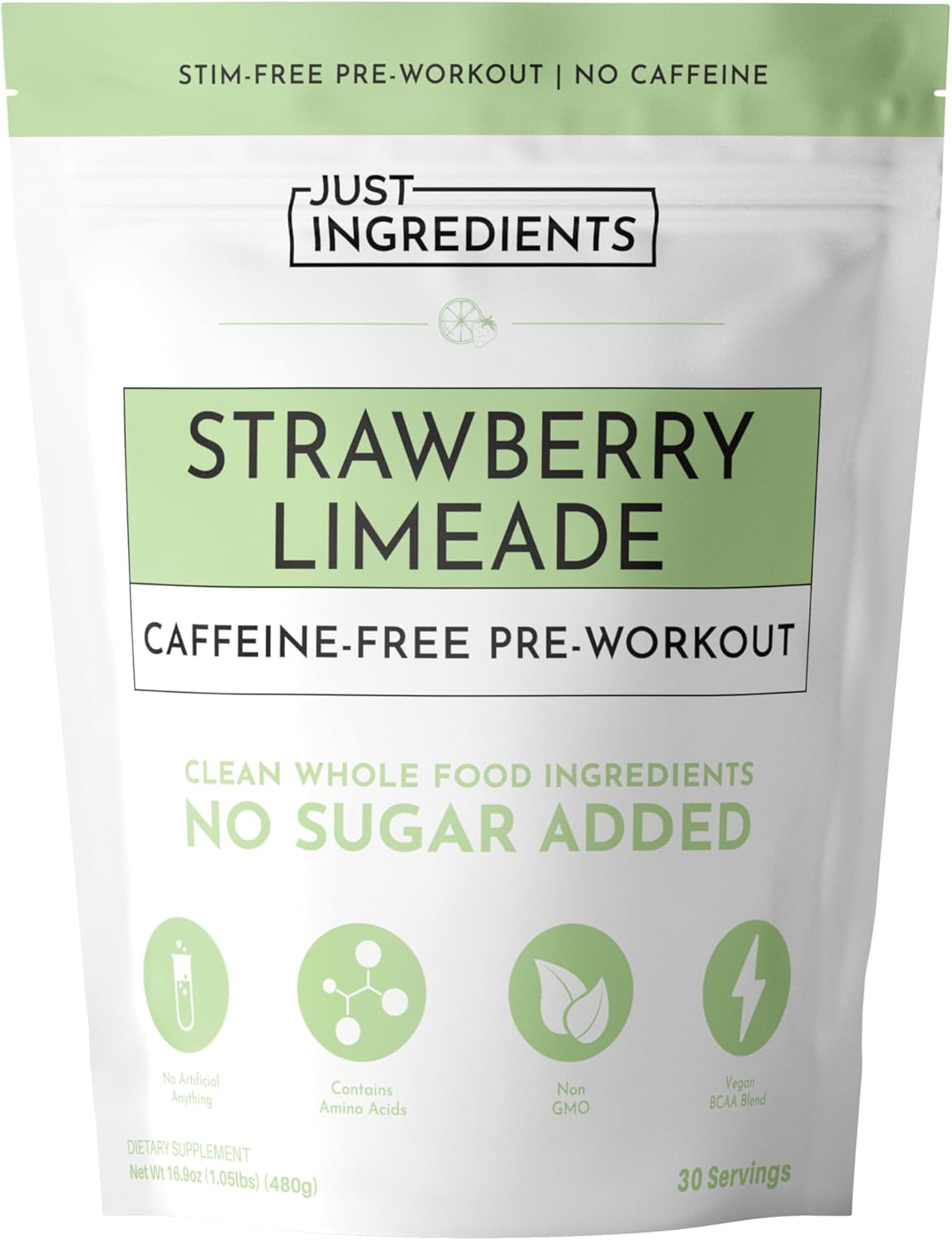 JUST INGREDIENTS Pre-Workout Strawberry Lemonade (Caffeine-Free) - BCAAs, Beta Alanine, Citrulline Malate, Ginseng, Maca Root - 30 Servings