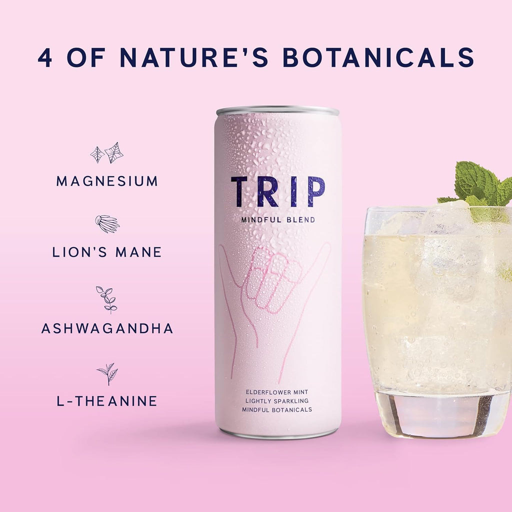 Trip Mindful Blend, Lightly Sparkling Adaptogen Seltzer, Mocktail w/ 120mg Magnesium Citrate with Ashwagandha, Lions Mane & L Theanine, No Added Sugar, Vegan, Elderflower Mint, 12 Oz, 12Pk