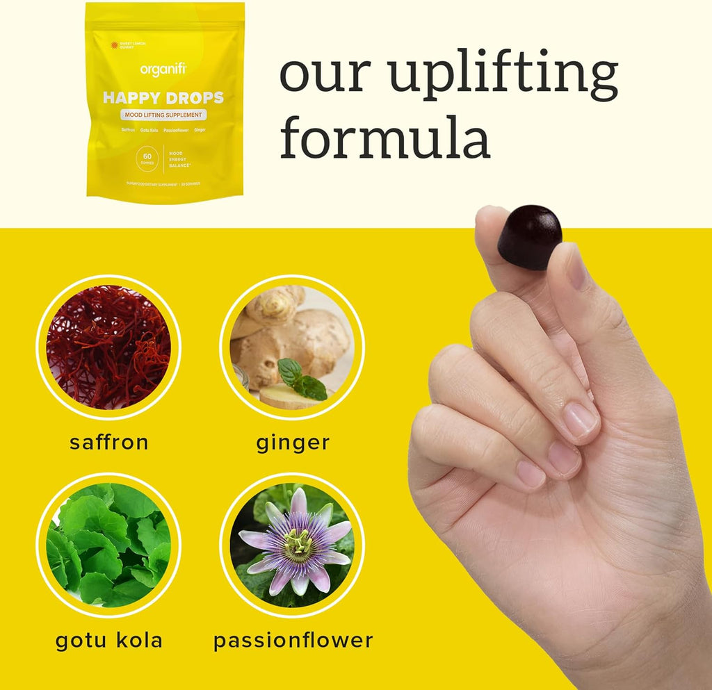 Organifi Happy Drops - Daily Superfood Happy Gummies for Adults - Mood Support Supplement for Balance, Bliss, Energy and Taking The Edge Off - Sweet Lemon Flavor - 60 Gummies