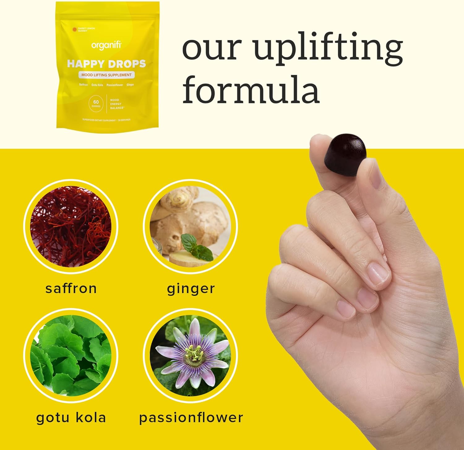 Organifi Happy Drops - Daily Superfood Happy Gummies for Adults - Mood Support Supplement for Balance, Bliss, Energy and Taking The Edge Off - Sweet Lemon Flavor - 60 Gummies
