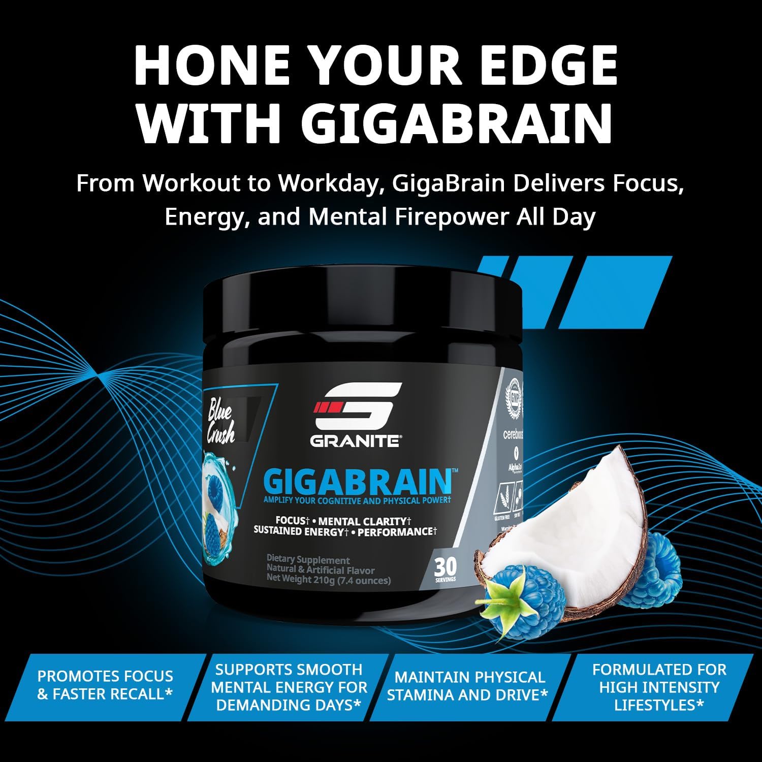 Granite Nutrition GigaBrain Nootropic Energy Powder – Cereboost, Alpha-GPC & ElevATP – Cognitive Focus Supplement for Sustained Energy & Performance – Blue Crush, 30 Servings