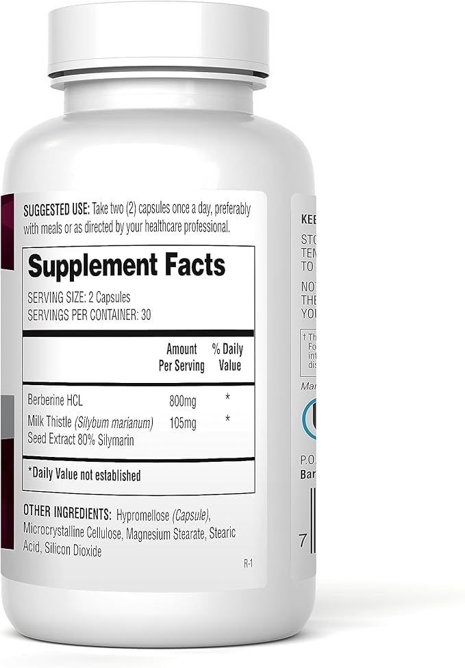 Berberine HCL 800mg, 60 Capsules - Plus with Milk Thistle for Optimal Absorption - Supports Metabolism and cadiovascular Health