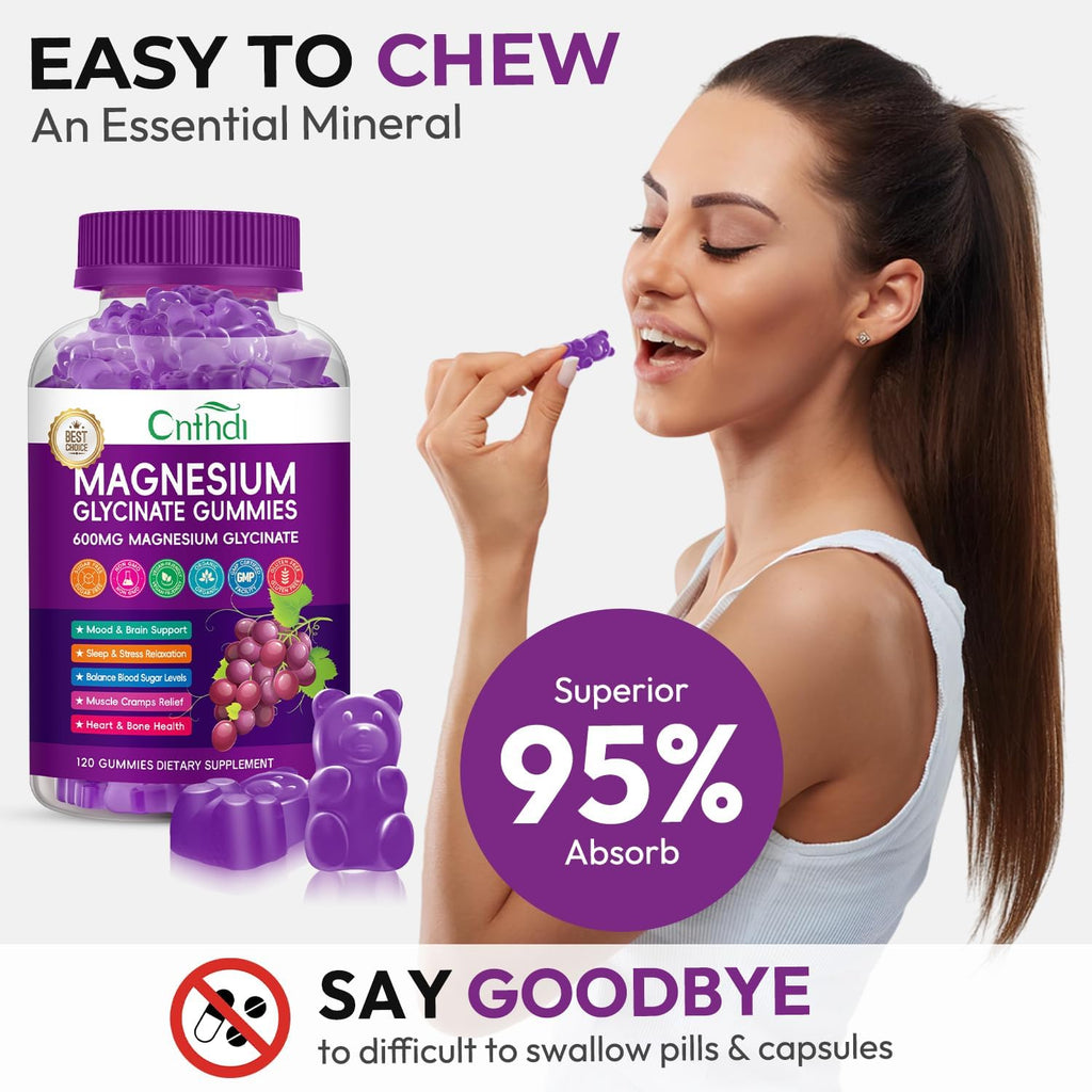 Magnesium Glycinate Gummies 600mg, Sugar Free Chewable Magnesium Gummies for Men & Women, Supports Evening Routine & Inner Balance, No Melatonin, Gluten Free, Non GMO, Vegan, 60 Days Supply