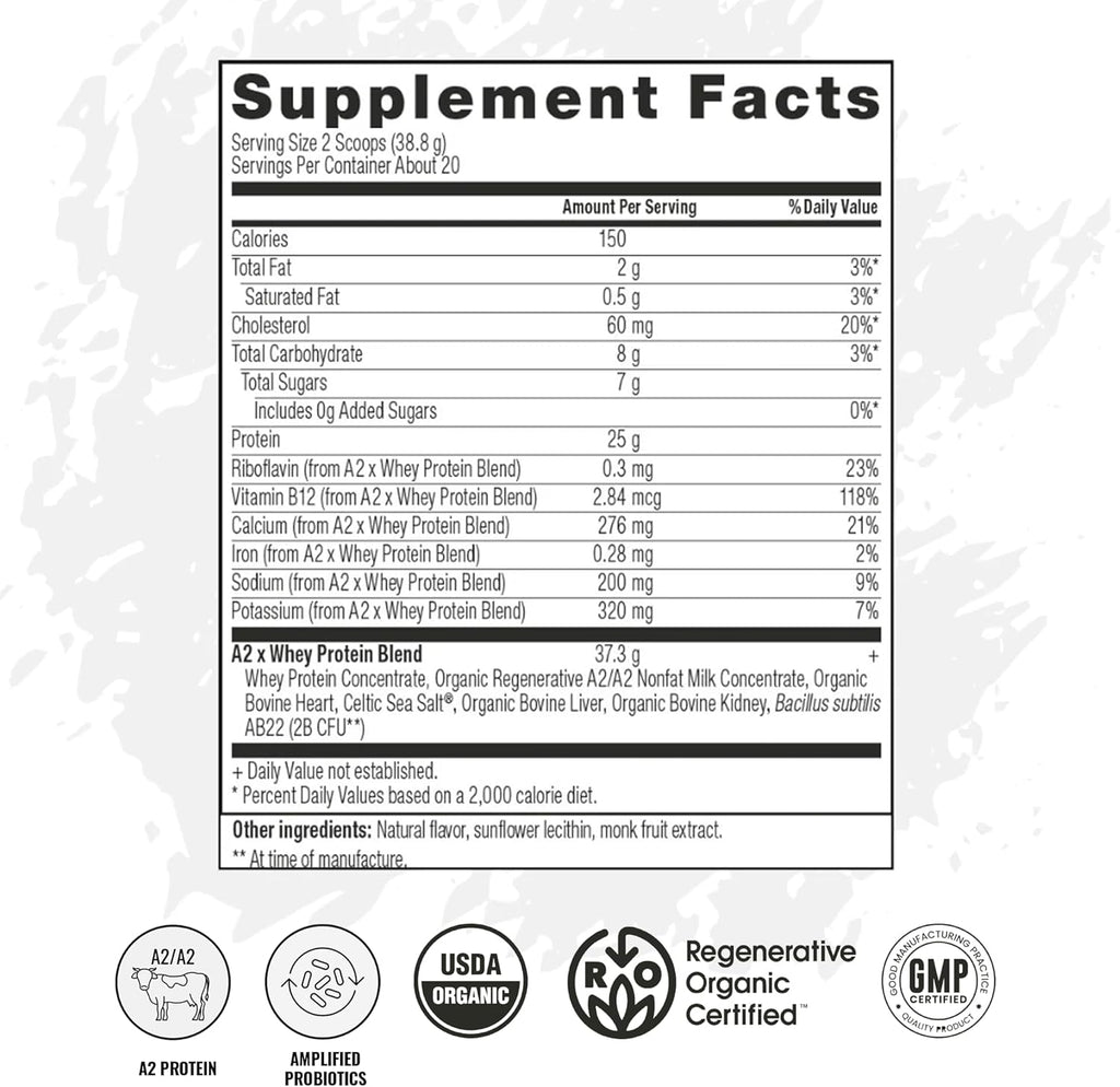 A2 Protein Powder, Vanilla Creme, 25 G Protein per Serving, Organic A2/A2 Whey Casein Blend with Probiotics and Celtic Sea Salt, Gluten Free Workout Supplement, Non GMO, 20 Servings, 27.4 Oz