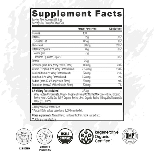 A2 Protein Powder, Vanilla Creme, 25 G Protein per Serving, Organic A2/A2 Whey Casein Blend with Probiotics and Celtic Sea Salt, Gluten Free Workout Supplement, Non GMO, 20 Servings, 27.4 Oz