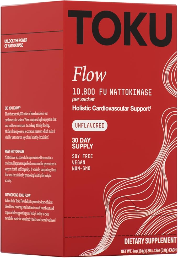 Toku Nattokinase 10,800 FU Supplement with Vitamin K2 MK7 & Oat Beta Glucan, Daily Circulation Support Powder, Plant-Based Drink Mix, Soy-Free, 30 Single-Serve Packets