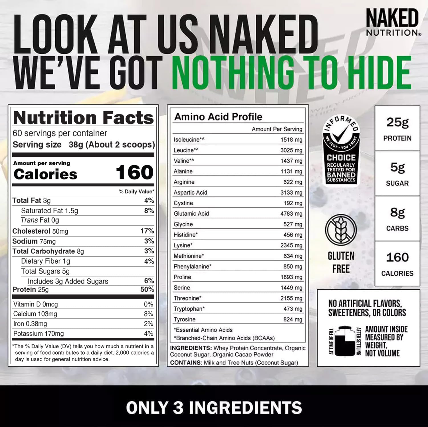 NAKED Whey Protein Supplement Powder, Chocolate, GMO Free, Soy Free, Gluten Free Aid Muscle Growth and Recovery 60 Servings, 5 Ib