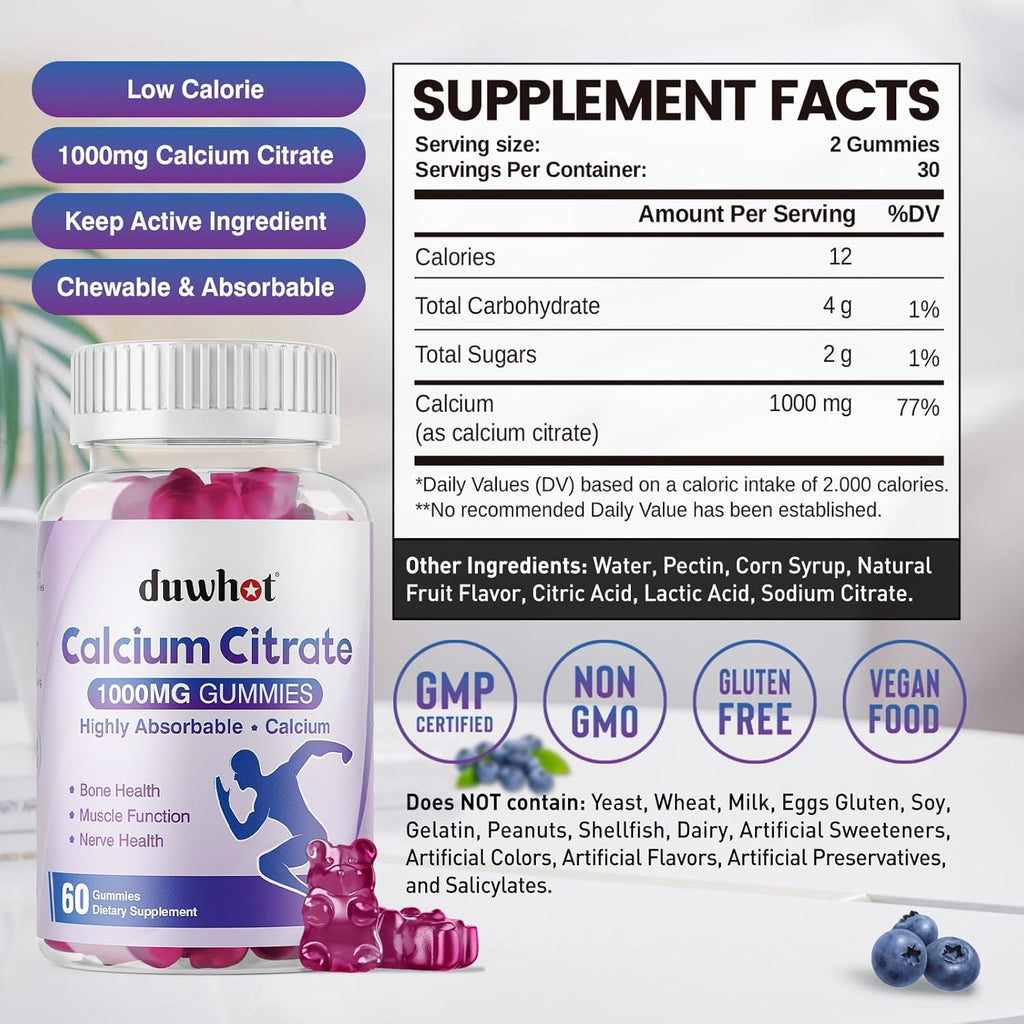 Calcium Citrate Gummies, Chewable Calcium Citrate 1000mg for Bone, Muscle & Immune Support, Ultimate Absorption Calcium Supplements for Women & Men, Blueberry, 60 Chews