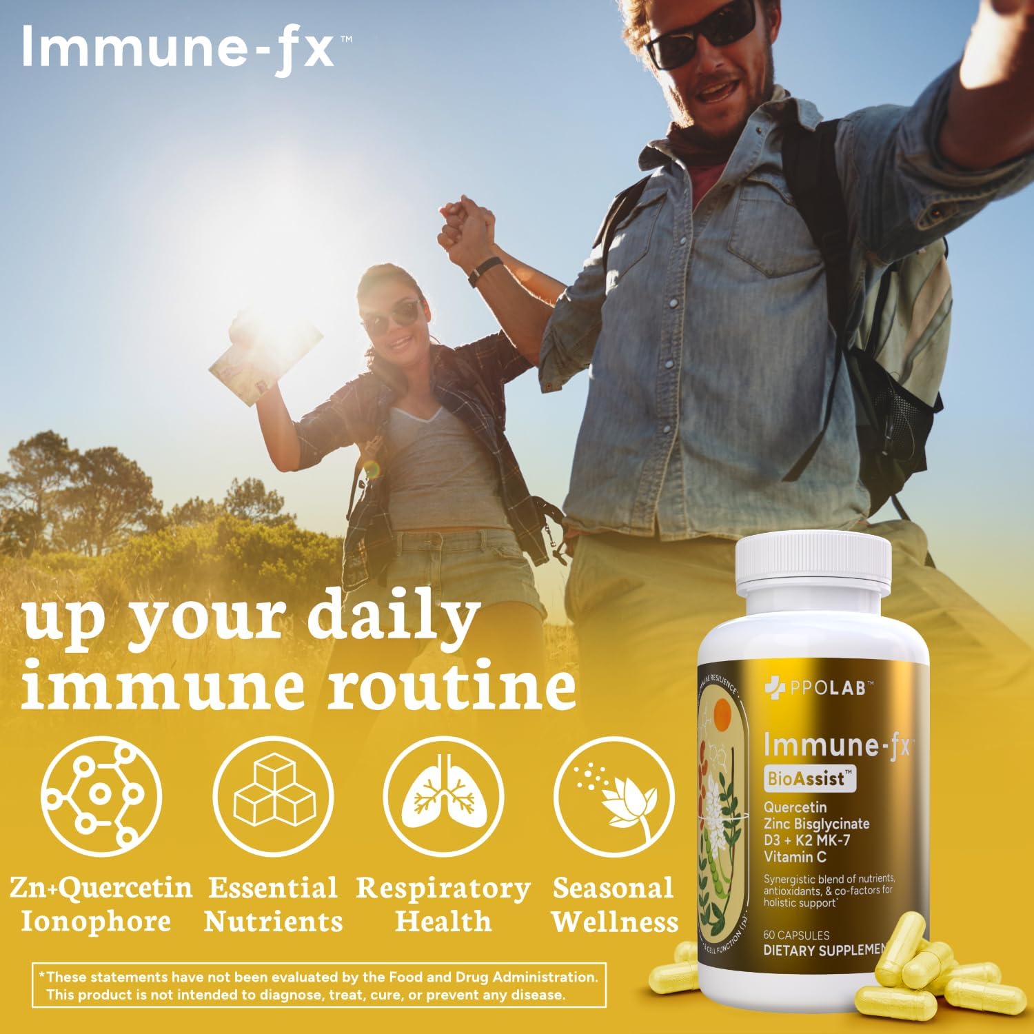 Immune-fx™ Advanced Chelated Zinc Ionophore Immune Support & Allergy Health Supplement, Quercetin 500mg, Antioxidant Vitamin C, D3, K2 MK7, Promotes DNA, Heart, Lung, Sinus Health, 60 Vegan Capsules