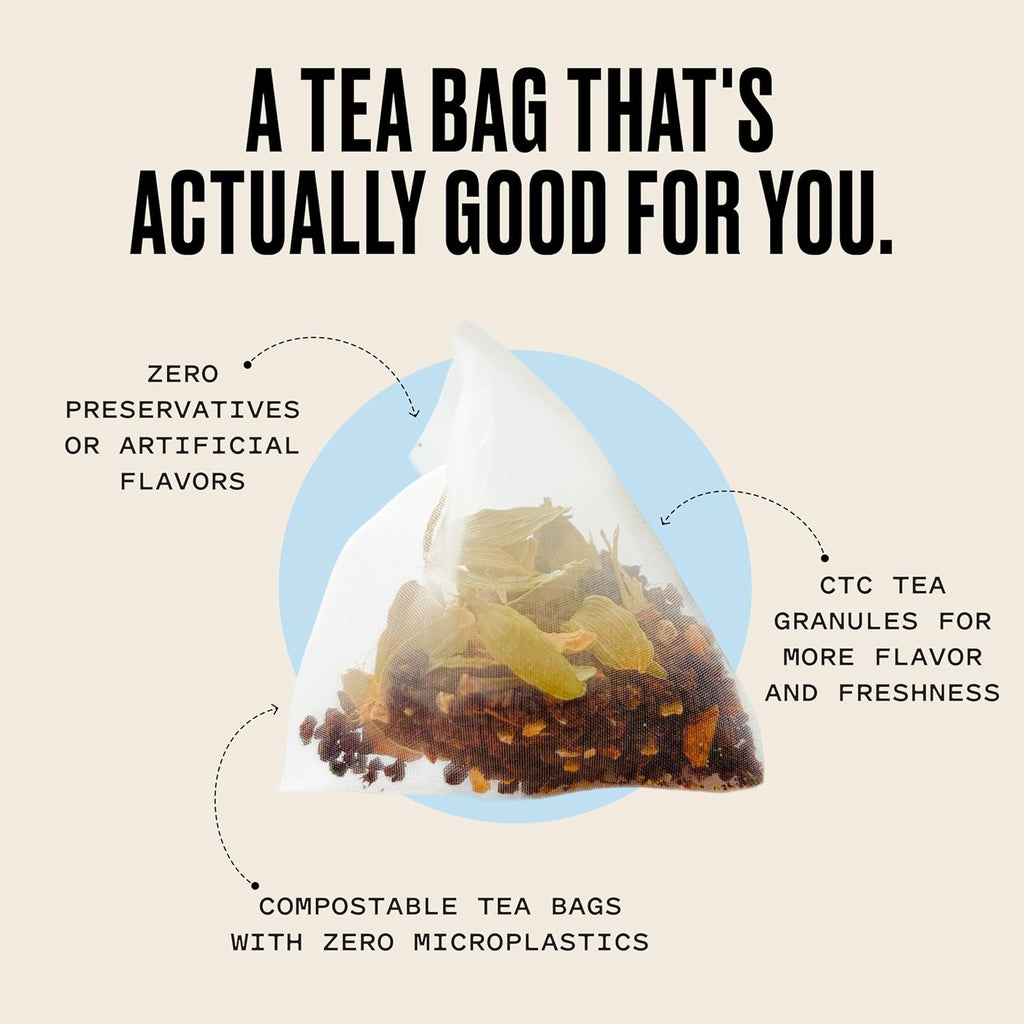 Kolkata Chai - Decaf Chai Tea Bag, 45 Count, Premium Assam Black Tea and Spices, Compostable Tea Bags, Vegan, All Natural