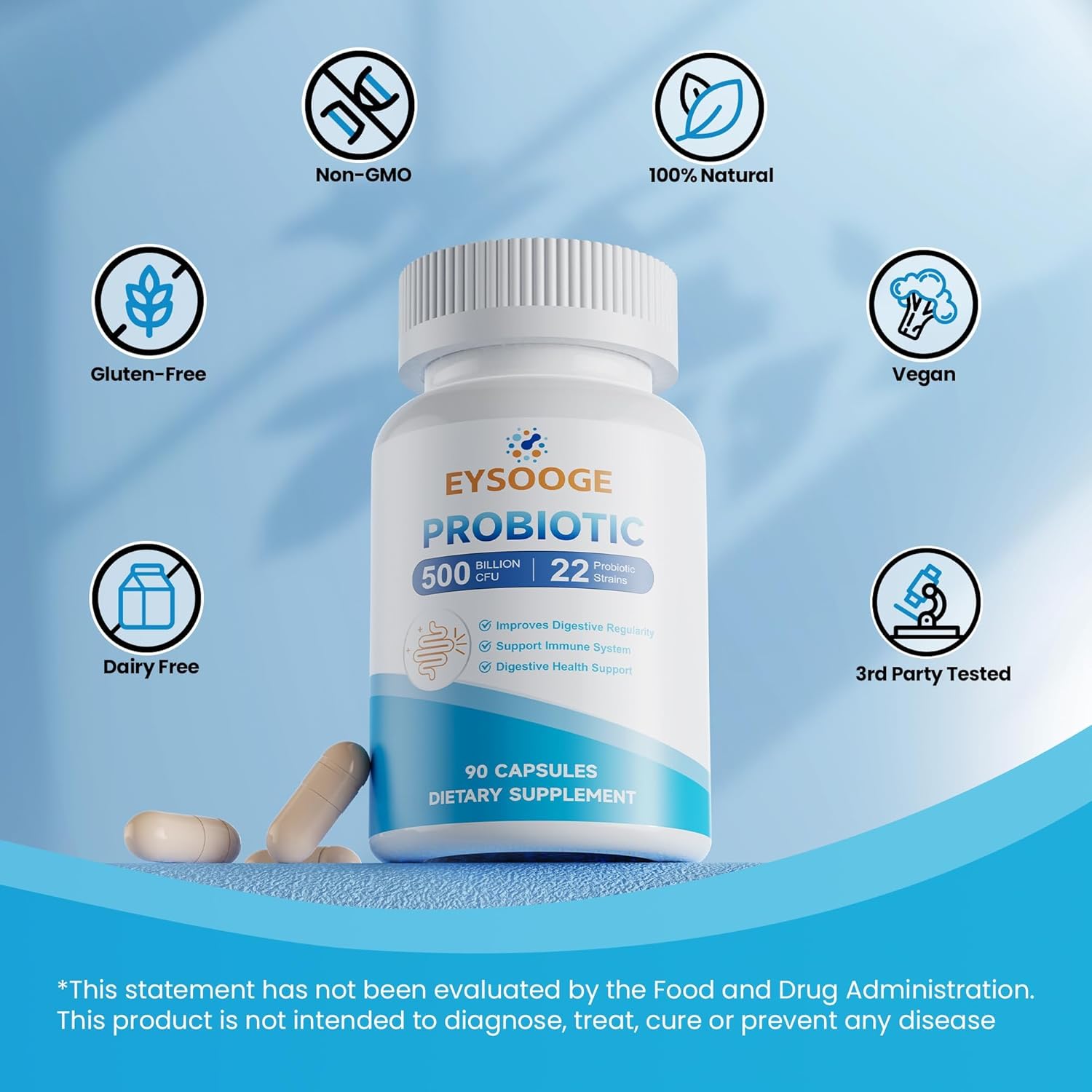 Probiotics for Women and Men, 500 Billion CFU, 22 Strains + Organic Prebiotics, Daily Probiotics for Digestive, Immune, & Gut Health - 90 Capsules
