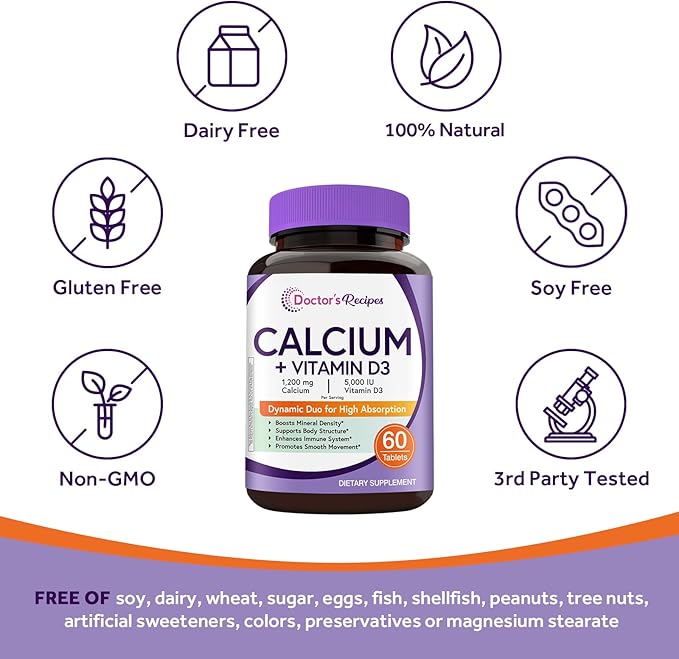 Doctor's Recipes Calcium 1200 mg with Vitamin D3, Calcium Supplements for Women & Men, Non-GMO, No Soy, Bone & Immune Support, Calcium Carbonate, Extra Absorption, 60 Tablets