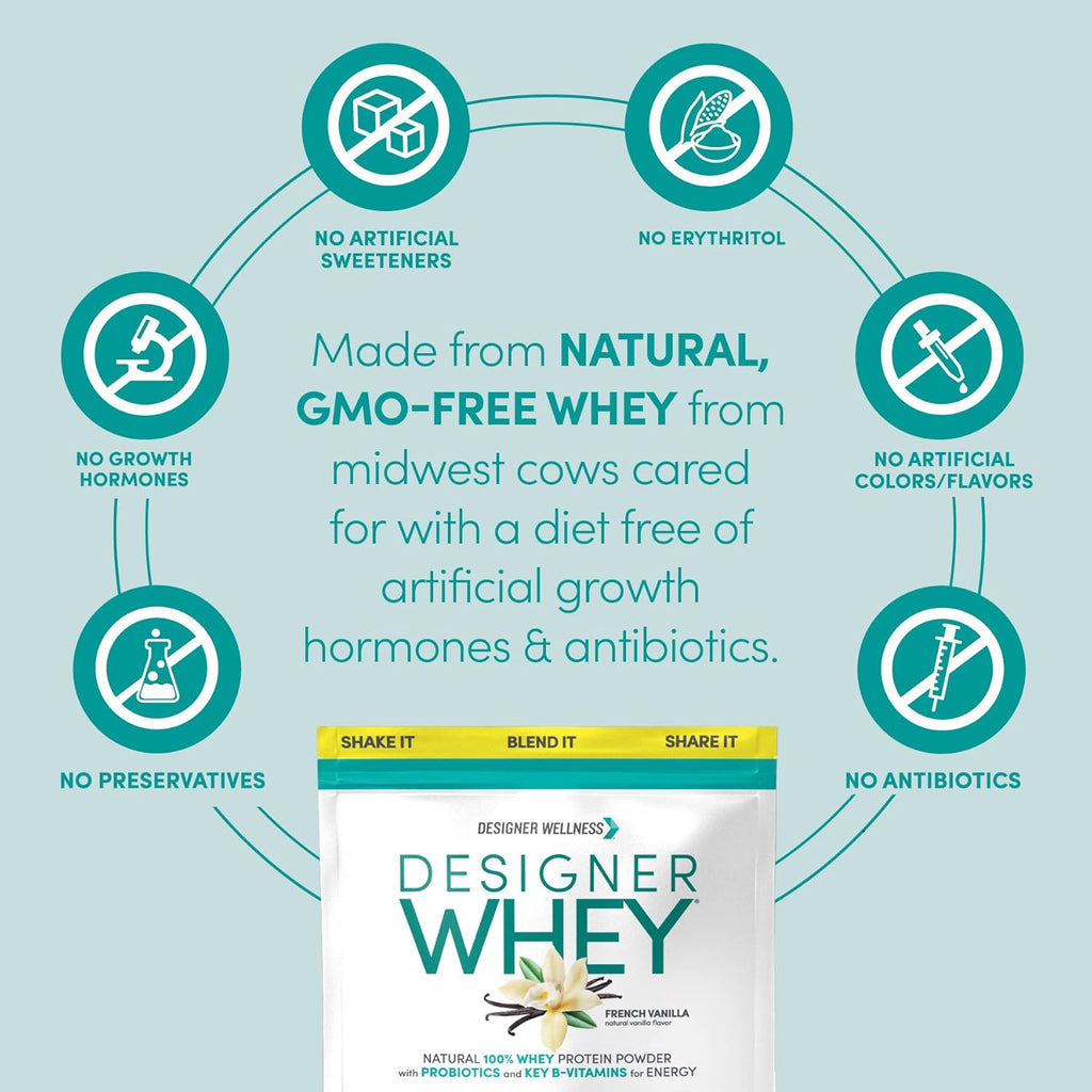 Designer Wellness, Designer Whey, Natural Whey Protein Powder with Probiotics, Fiber, and Key B-Vitamins for Energy, Gluten-Free, French Vanilla, 2 lb