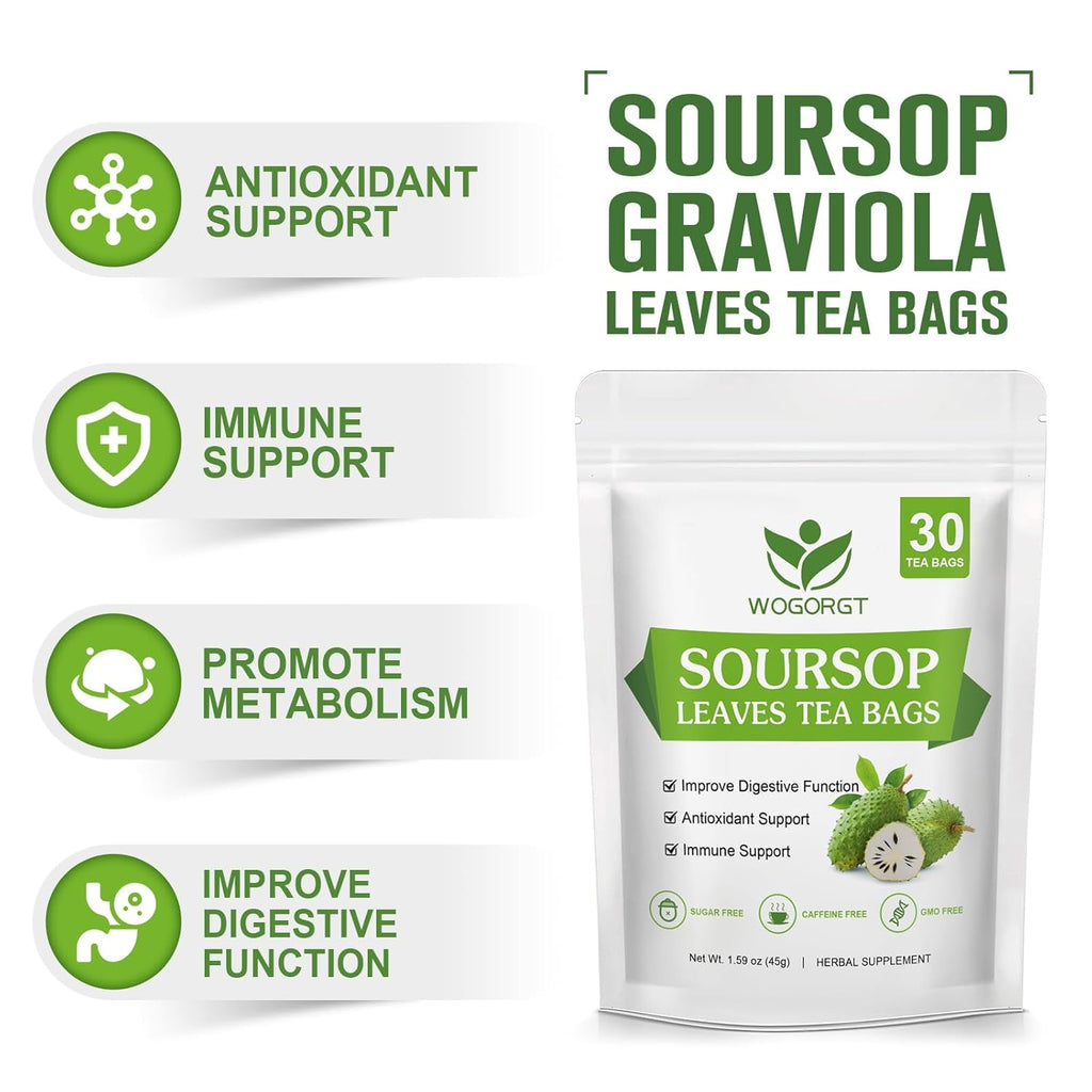 Organic Soursop Leaves Tea Bags - Soursop Graviola Leaves Herbal Tea bags for Immune Support, Antioxidant - Guanabana Leaves - Caffeine Free - 30 Tea Bags