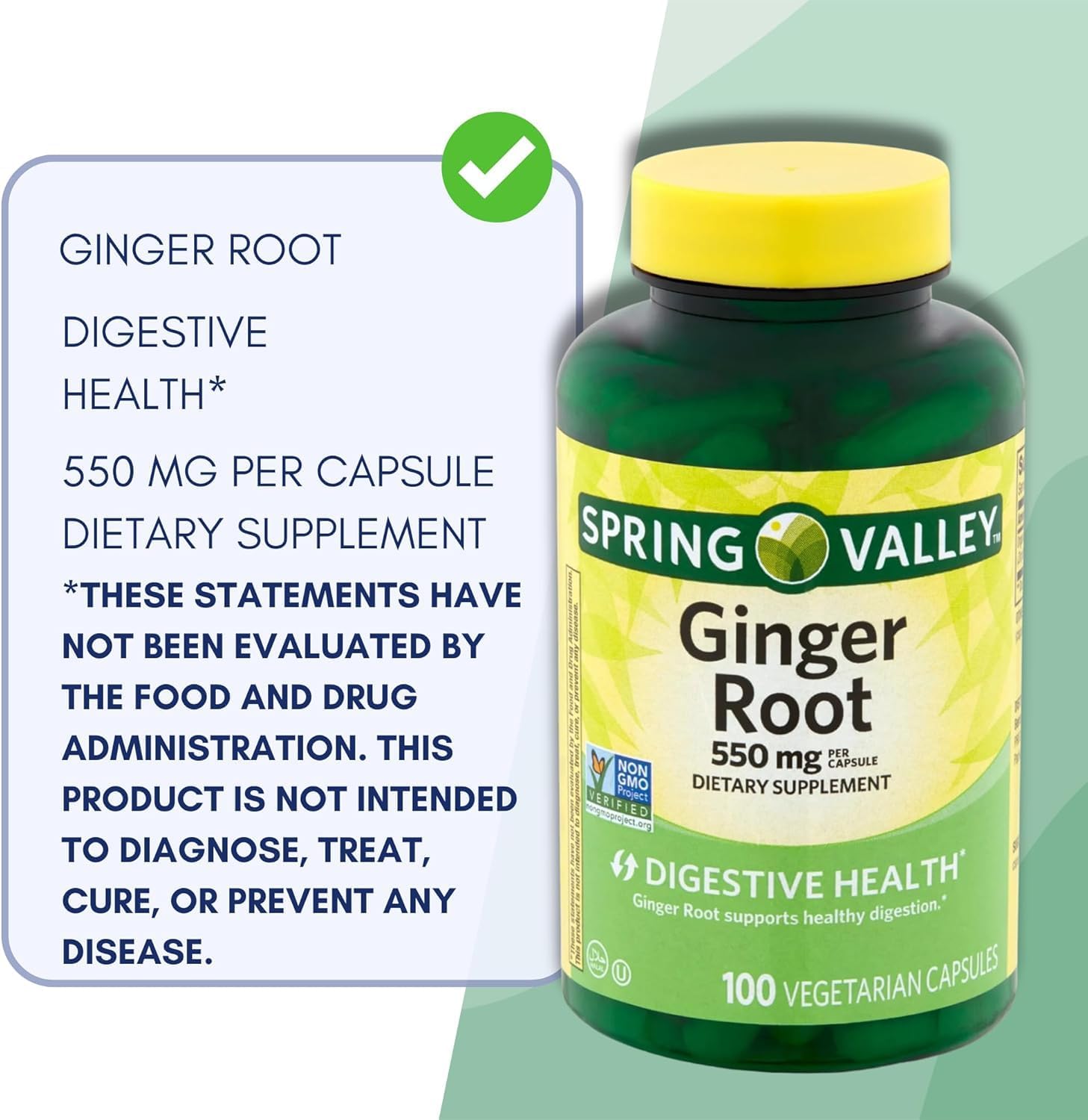 Spring Valley Ginger Root 550mg, Dietary Supplement Capsules, Digestive Health, 100 Count per Bottle (Pack of 2), Set with Basket Goods Store Polybag (1)