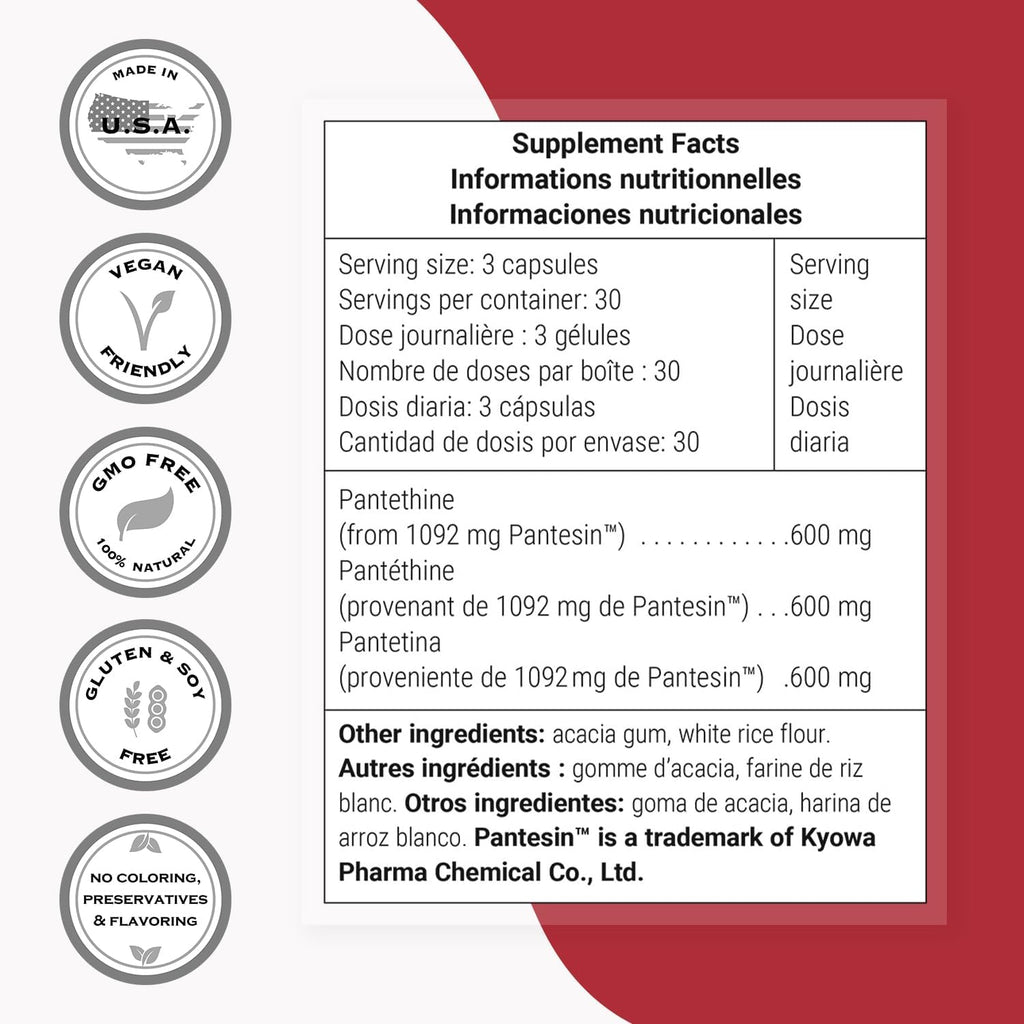 Supersmart - Pantesin Pantethine 600 mg per Day (Pantothenic Acid) - Active Vitamin B5 Supplement | Non-GMO & Gluten Free - 90 Vegetarian Capsules