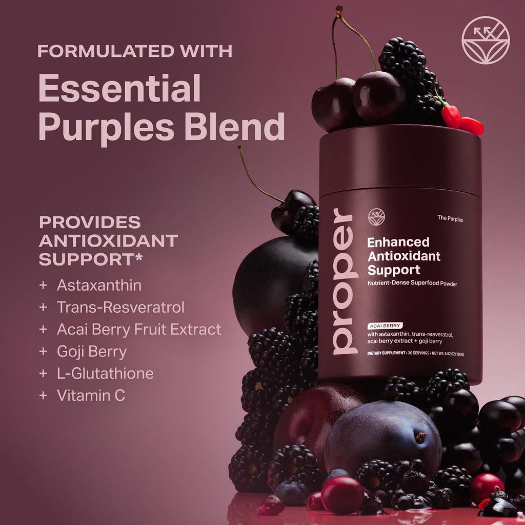 Proper, The Purples Nutrient-Dense Superfood Powder - Antioxidant Supplement and Cellular Support – Acai, Amla, Blueberry, Vitamin C, B Vitamins & More - Enhanced with Prebiotic Fiber & Probiotics
