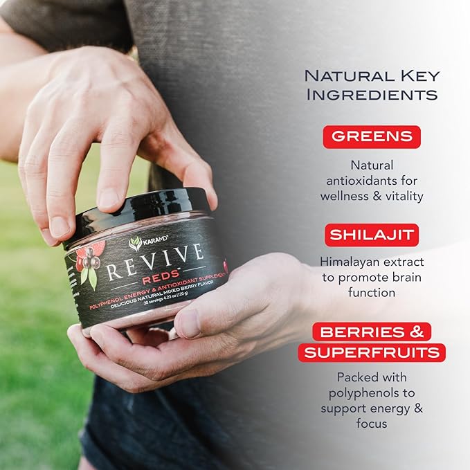 KaraMD Revive Reds | Delicious Energy Boosting Concentrated Polyphenol Blend | Vegan Friendly, Gluten Free & Non-GMO Superfood Powder | Antioxidant Powder Containing Shilajit & Enzymes (30 Servings)