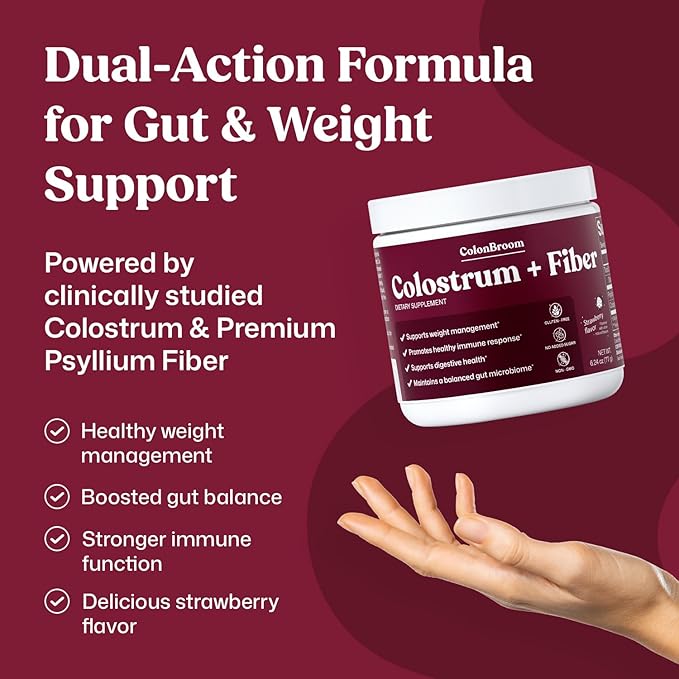 ColonBroom Colostrum + Fiber Supplement (Strawberry Flavor, 30 Servings) | Bovine Colostrum Powder & Psyllium Husk Powder | for Gut Health & Immunity | Gluten-Free, Non-GMO, Sugar-Free