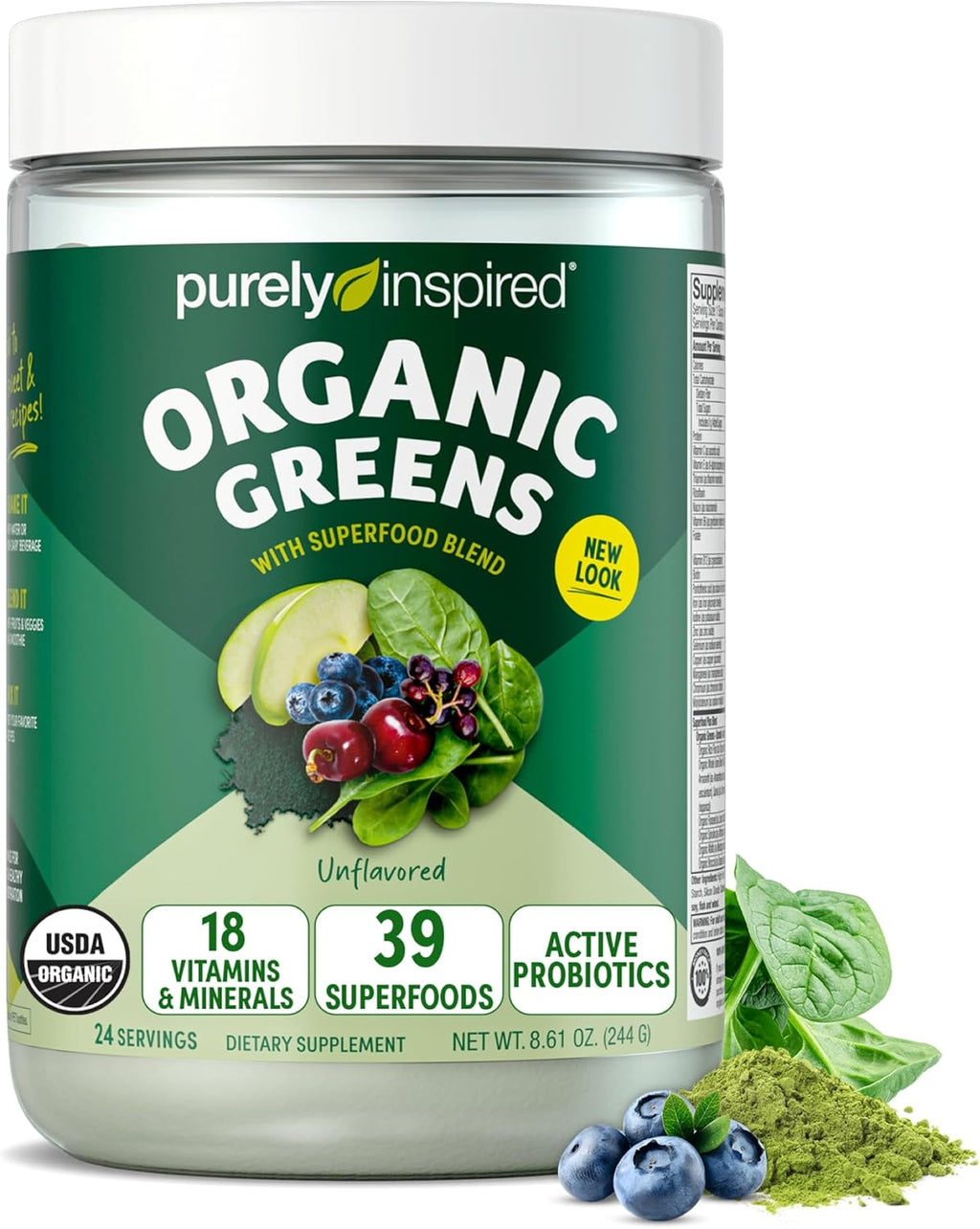 Purely Inspired Organic Green Powder Smoothie Mix, Unflavored (24 Servings) - Probiotics for Digestive Health with Spirulina & Chlorella for Gut Health - Vegan & Gluten-Free