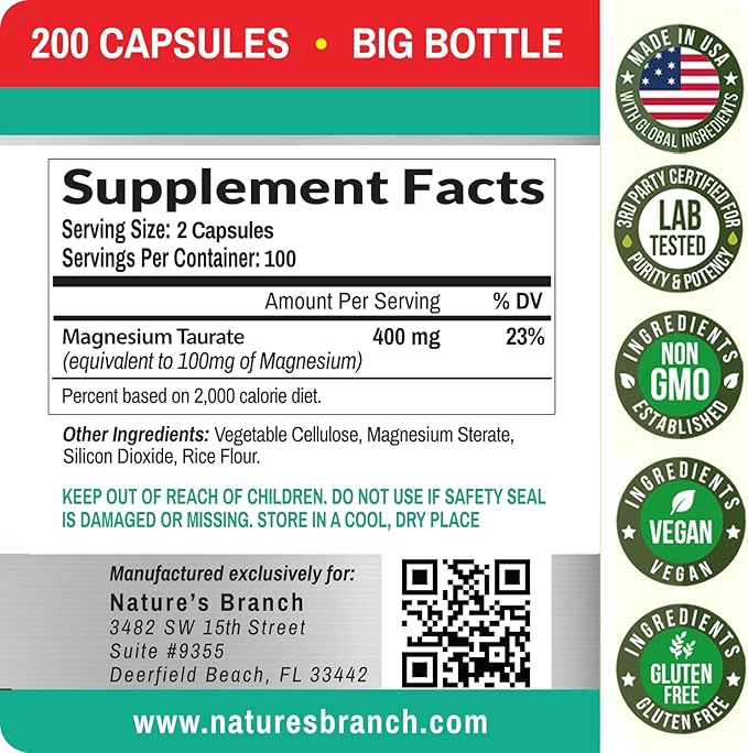 Magnesium Taurate 400mg | High Absorption | 200 Capsules for Sleep, Heart Health, Calm, Joint Supplement for Women and Men - Made in USA, Pure Elemental Mag Powder Plus Taurine - Extra Strength Pills