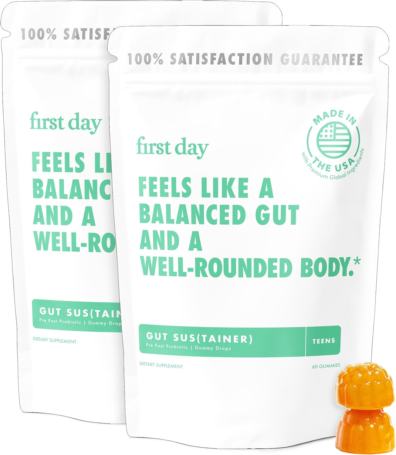 FIRST DAY Teens’ Gut Sustainer Tribiotic Gummies – 3-in-1 Prebiotic, Probiotic & Postbiotic Supplement – Supports Digestive, Skin, Oral & Immune Health, Nutrient Absorption & Growth – 60-Day Supply