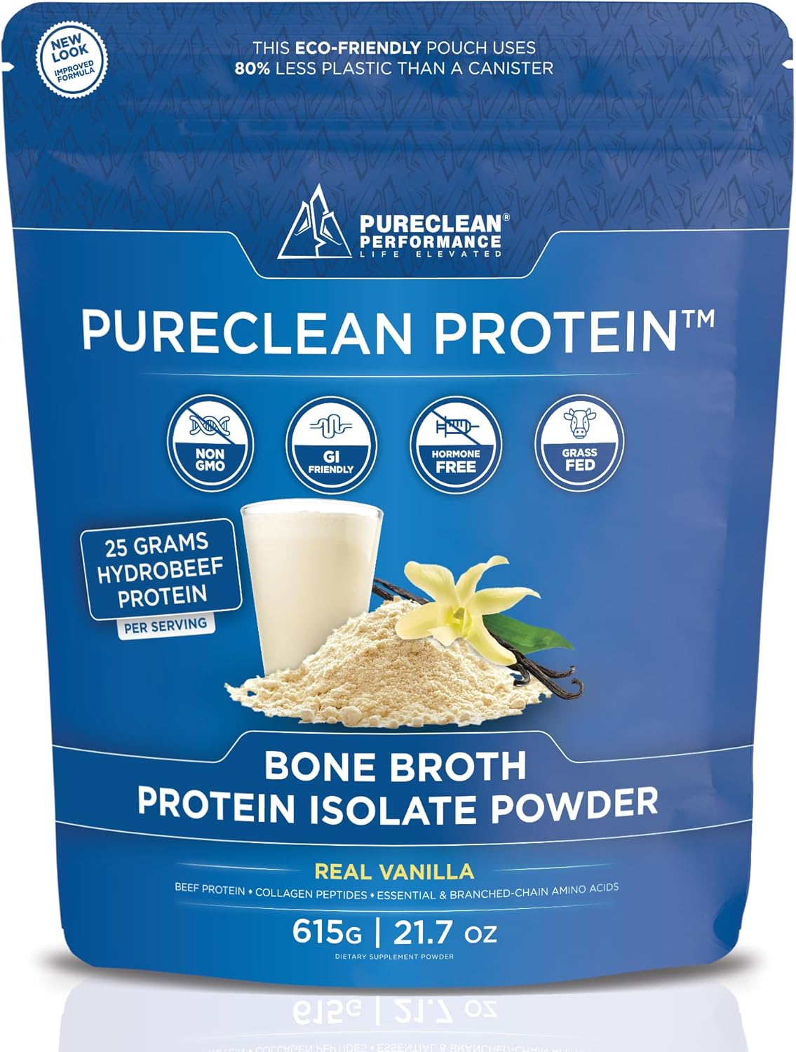 PureClean Protein 25G Organic Grass Fed Beef Bone Broth Protein from Swedish Cattle - Paleo & Keto-Friendly, Gluten-Free, Sugar-Free, Dairy-Free - Enhanced with Collagen Peptides - (615 Grams) Vanilla