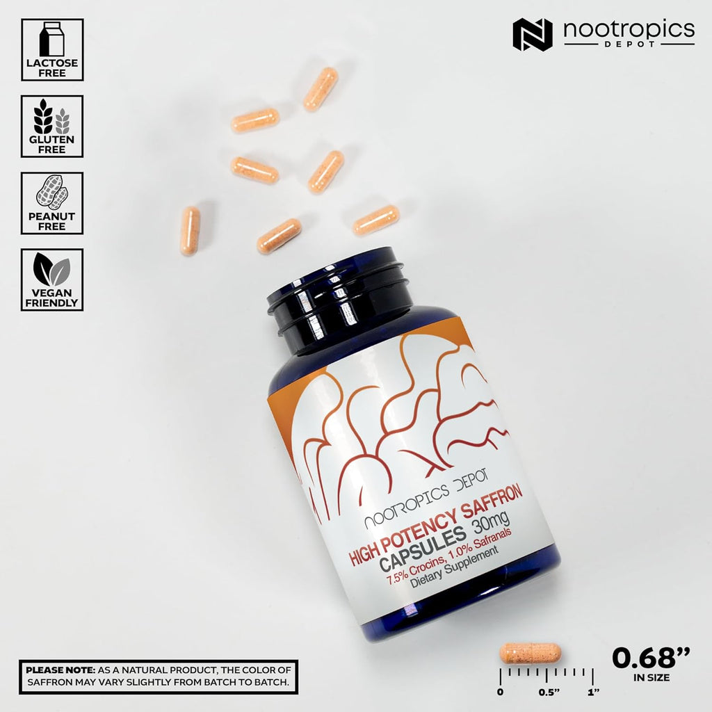 Nootropics Depot High Potency Saffron Extract Capsules | 30mg | Minimum 7.5% Crocins and 1% Safranals | Crocus sativus | 60 ct