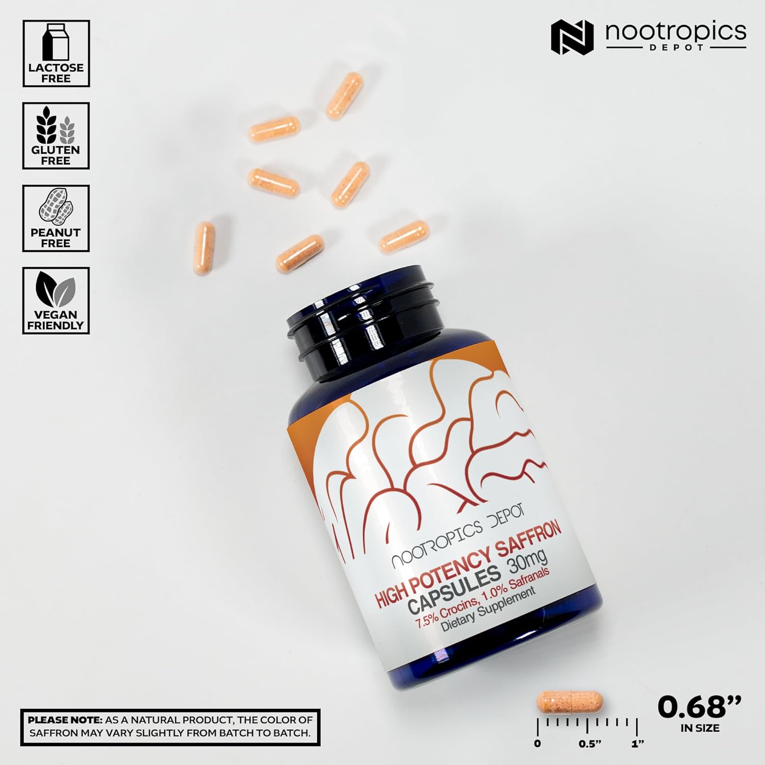 Nootropics Depot High Potency Saffron Extract Capsules | 30mg | Minimum 7.5% Crocins and 1% Safranals | Crocus sativus | 60 ct