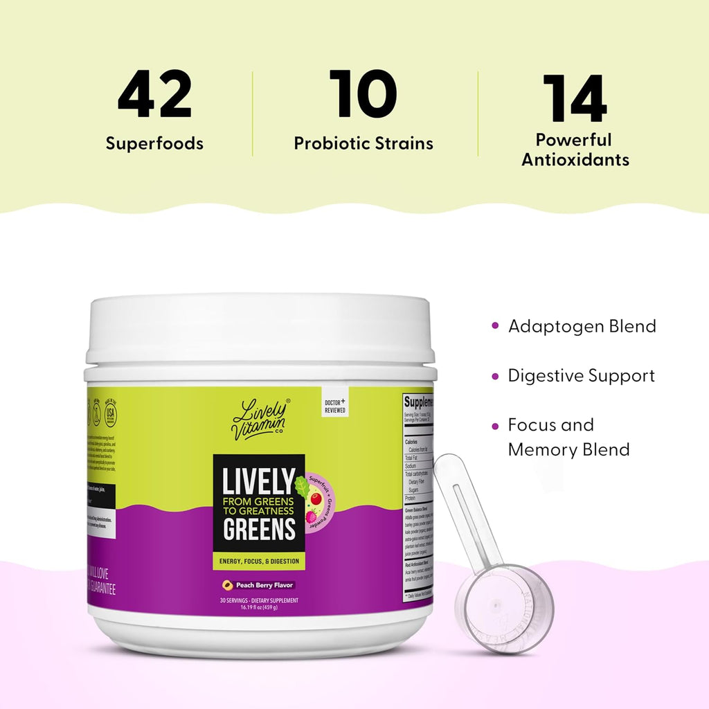 LIVELY VITAMIN CO Lively Greens w/Reds - 42 Superfood Ingredients - Memory, Focus, Mood, Digestion & Energy - Brain, Immune, Digestive & Heart Health - Bloating - Probiotics - Adaptogens - 16.19oz