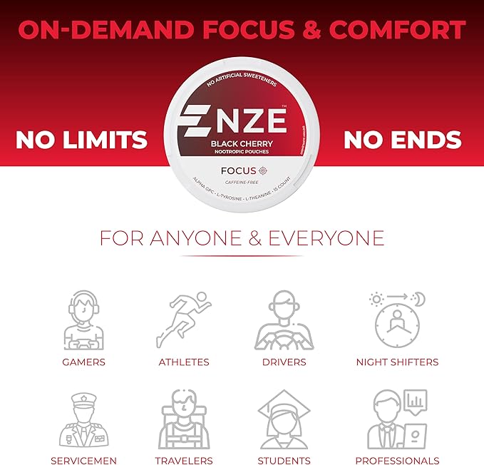 NZE Caffeine Free Nootropic Pouches (Black Cherry) - Nootropic Pouches with Alpha GPC, L-Tyrosine & L-Theanine - No Sugar or Artificial Sweeteners - 15 Pouches Per Can - 5 Pack