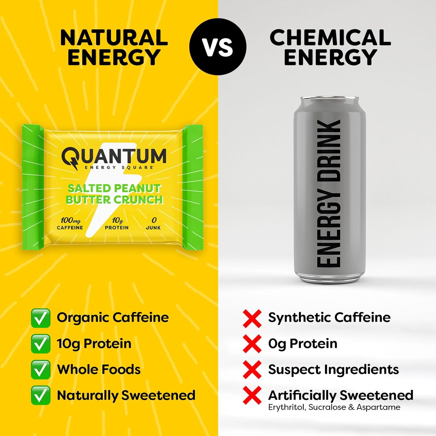 Quantum Energy Square: Energy Bar with Caffeine & 10g Protein. Delicious Healthy Snack On The Go. (Vegan, Gluten-free, Soy-free, Dairy-free) (Salted Peanut Butter Crunch)