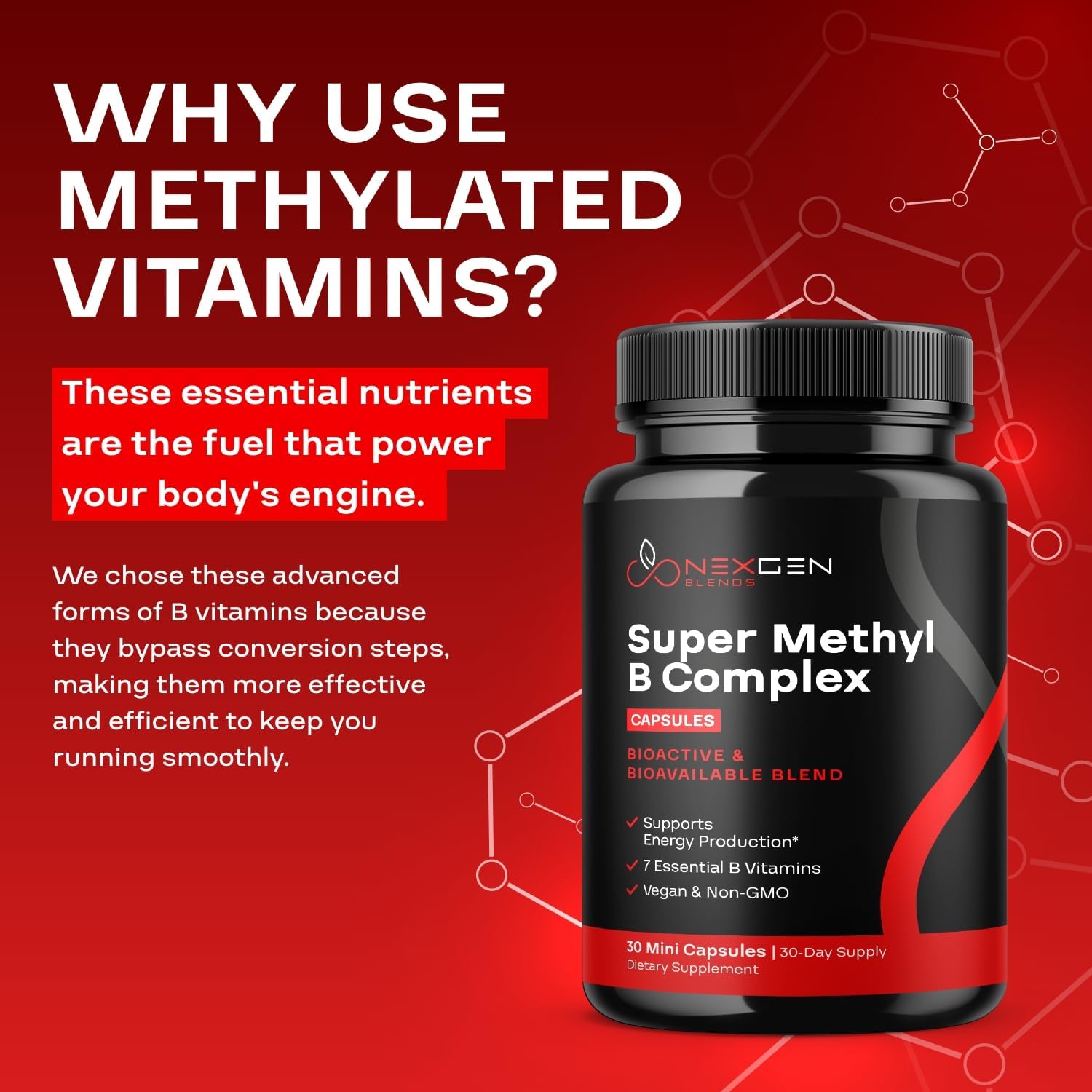 Methylated B Complex Vitamin Supplement - Bioactive Methyl B Complex with 5-MTHF Methyl Folate & B12 Methylcobalamin for Brain Heart Energy & Homocysteine Support - Super Vitamin B Complex (30 count)