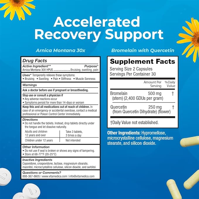 VitaMedica Arnica and Bromelain Blister Packs Bundle | for Post Surgery and Muscle Recovery | Bruise Relief | Plant Based Natural Formulas | 2 Product Bundle for Healing Support | 5 Day Supply