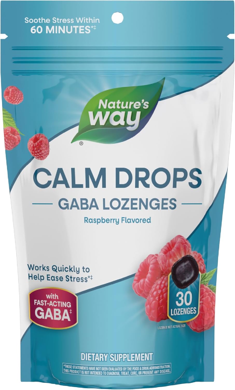 Nature's Way Calm Drops, Works Quickly to Help Ease Stress*(1), Fast-Acting GABA, Individually Wrapped Lozenges, Raspberry Flavored, 30 Lozenges