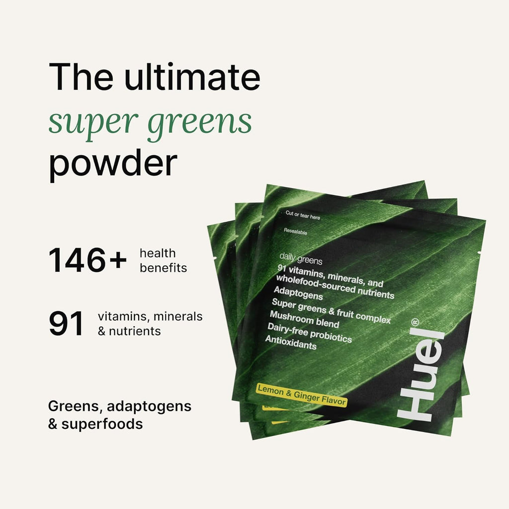 Huel Daily Greens Single Serve Lemon and Ginger | Superfood Greens Powder | 91 Vitamins, Minerals, and Wholefood-Sourced Ingredients | Adaptogens, Antioxidants, Gut-Friendly Probiotics | 12 Pack