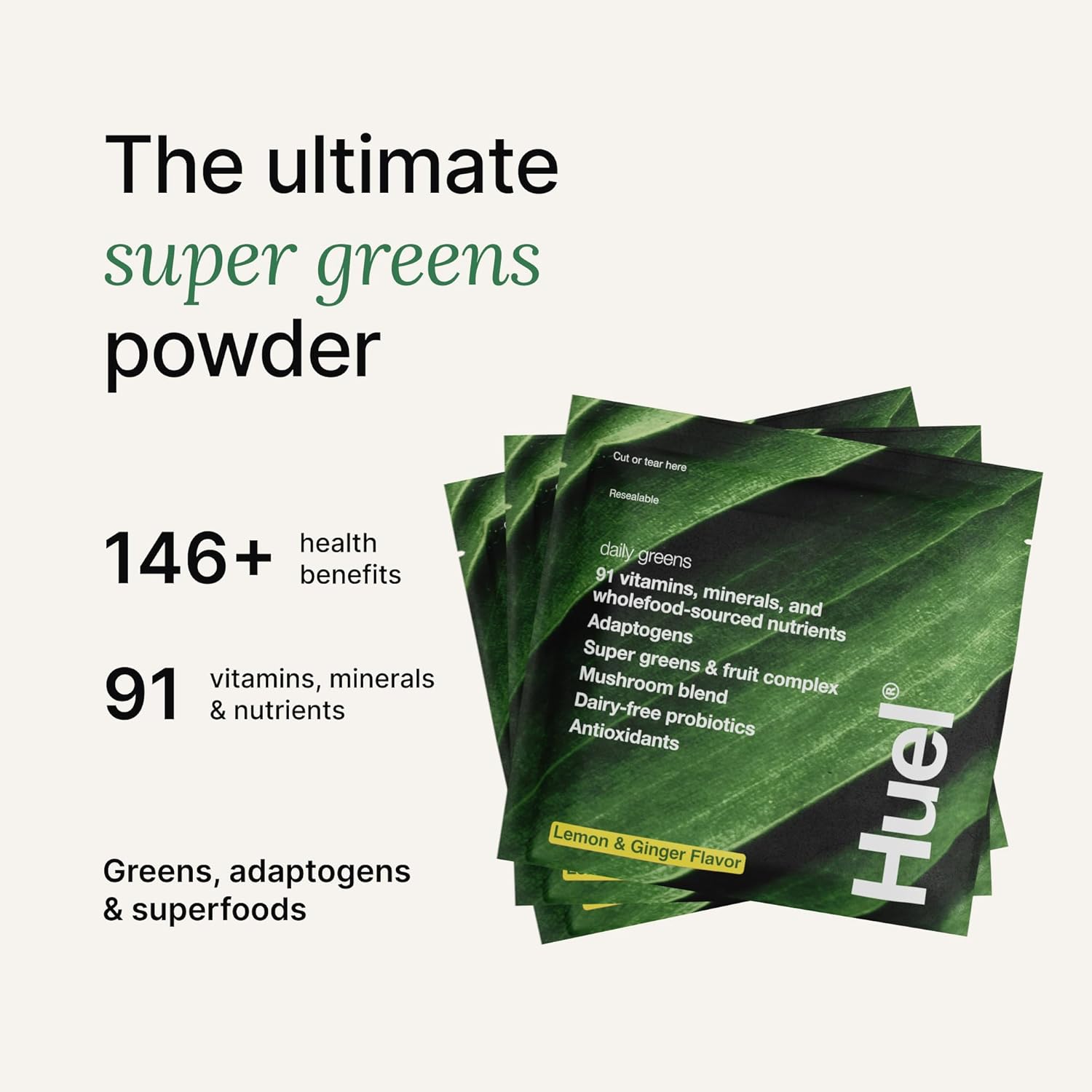 Huel Daily Greens Single Serve Lemon and Ginger | Superfood Greens Powder | 91 Vitamins, Minerals, and Wholefood-Sourced Ingredients | Adaptogens, Antioxidants, Gut-Friendly Probiotics | 12 Pack