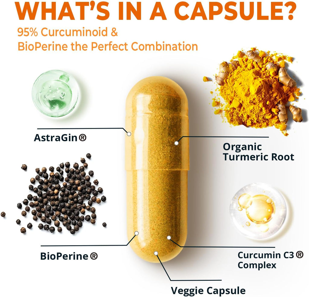 Turmeric Curcumin with BioPerine Black Pepper 1400mg, Support GLP-1 Naturally, Max Absorption Turmeric Supplement for Joint Support with 95% Standardized Curcuminoids C3 Complex, Non GMO, 120 Capsules