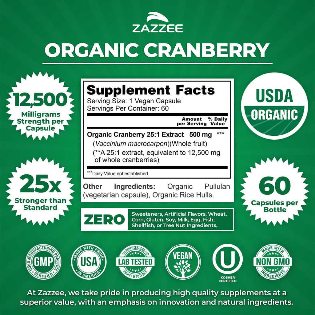 Zazzee USDA Organic Cranberry 25:1 Extract, 500 mg per Capsule, 60 Vegan Capsules, 2 Month Supply, Standardized, Concentrated 25X Extract, 100% Vegetarian, Certified Organic, Non-GMO All-Natural