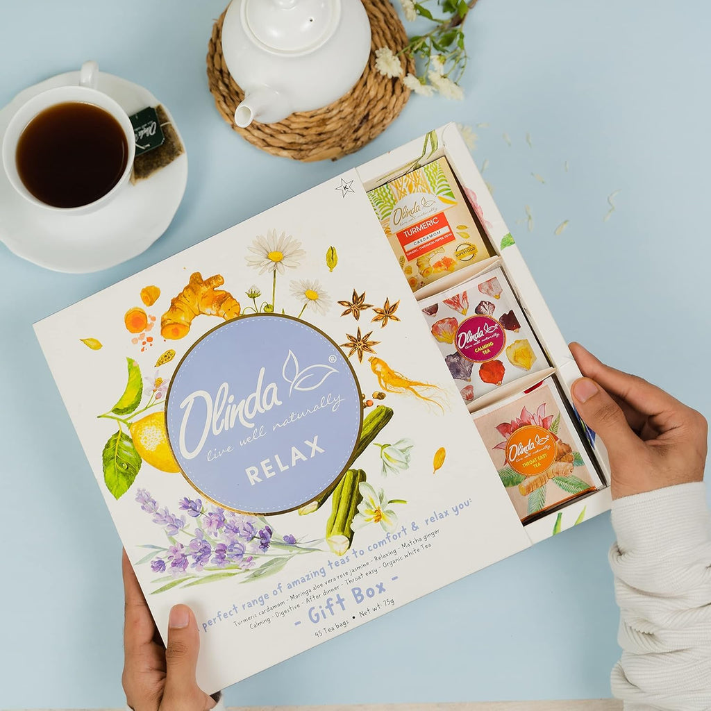 Olinda Relax Tea Sampler Herbal Gift Box 45 Count Assorted Organic Wellness Tea Set 9 Calming Herbal Tea Bags Thoughtful Variety Pack for Stress Relief & Sleep Caffeine Free Birthday Gift for Women