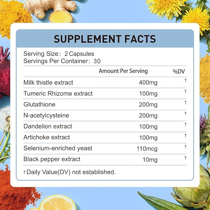 Liver Support with 200mg Milk Thistle, 100mg Glutathione, 100mg NAC, 150mg Tumeric, Dandelion, Artichoke, Liver Cleanse Detox & Repair, Supports Energy*, Immunity & Liver Health*, 60 caps