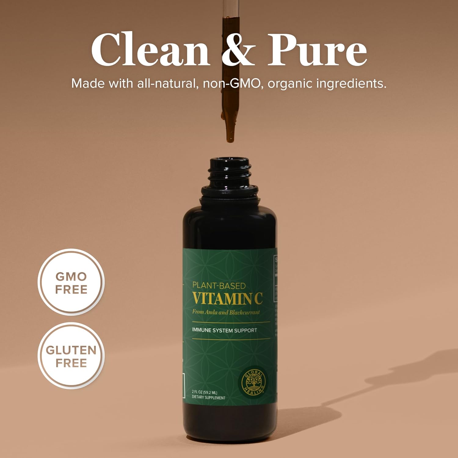 Global Healing Center USDA Organic Vitamin C Supplement Drops 180mg, Liquid Vitamin C Plant-Based Antioxidant Supplement, Supports Immune System - Vitamina C - Natural Energy for Men and Women (2 Oz)